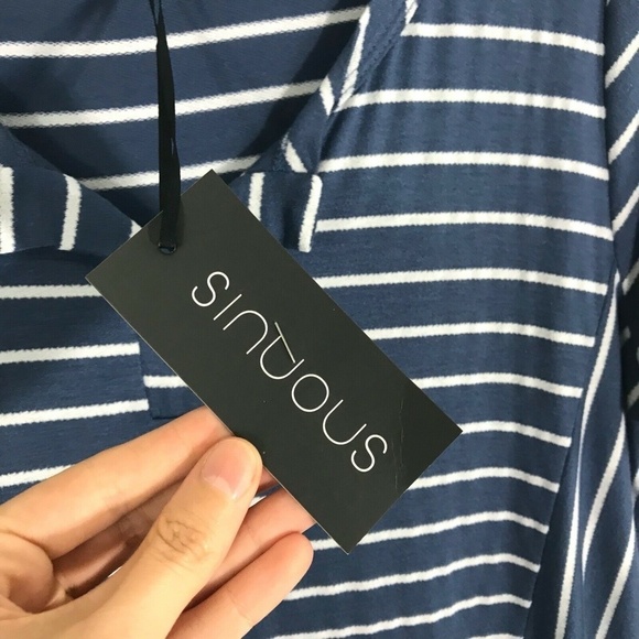 Sinuous Striped Shirt L Blue White Short Sleeve Top Blouse - Picture 3 of 5